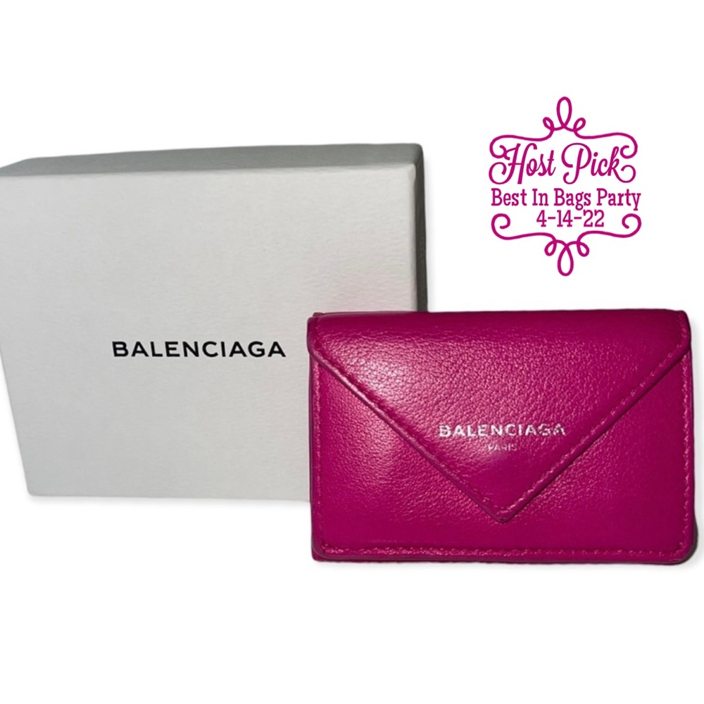 BALENCIAGA Mini Papier Wallet Pink Leather Trifold Envelope Wallet Dust Bag Box